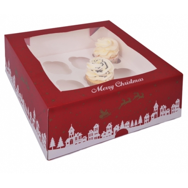 Cupcake Box für 12 Cupcakes, mit Fenster, 'Rot, Weihnachten'