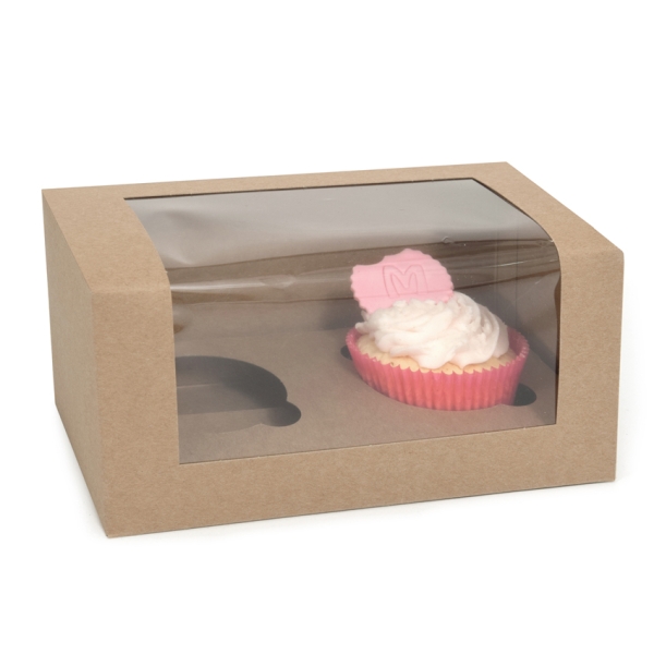 HoM Cupcake Box für 2 Cupcakes, mit Fenster, ECO-Line Kraft, 3 Stück