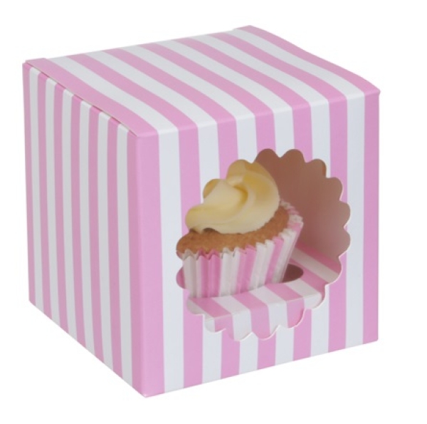 HoM Cupcake Box für 1 Cupcake, rosa, weiß, gestreift, 3 Stück
