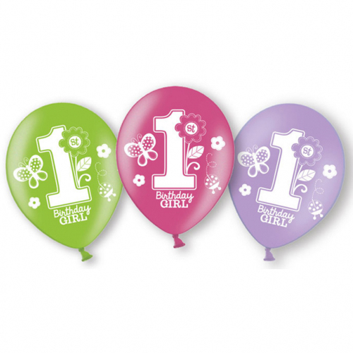 Luftballons "1. Geburtstag" für Mädchen, 6 Stück, 27 cm | MEINCUPCAKE Shop
