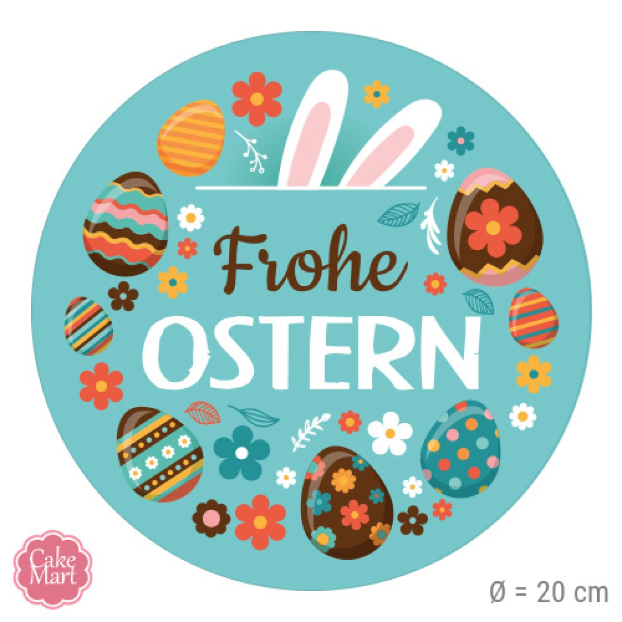 Tortenaufleger "Frohe Ostern & Hasenohren", aus Esspapier, bunt, rund, 20  cm, CAKEMART | MEINCUPCAKE Shop